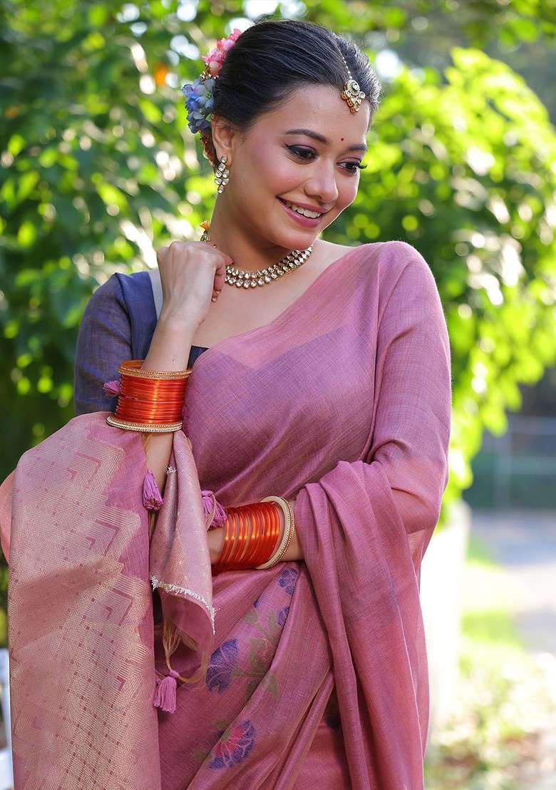 Pink Zari Printed Blended Saree Set - Indya