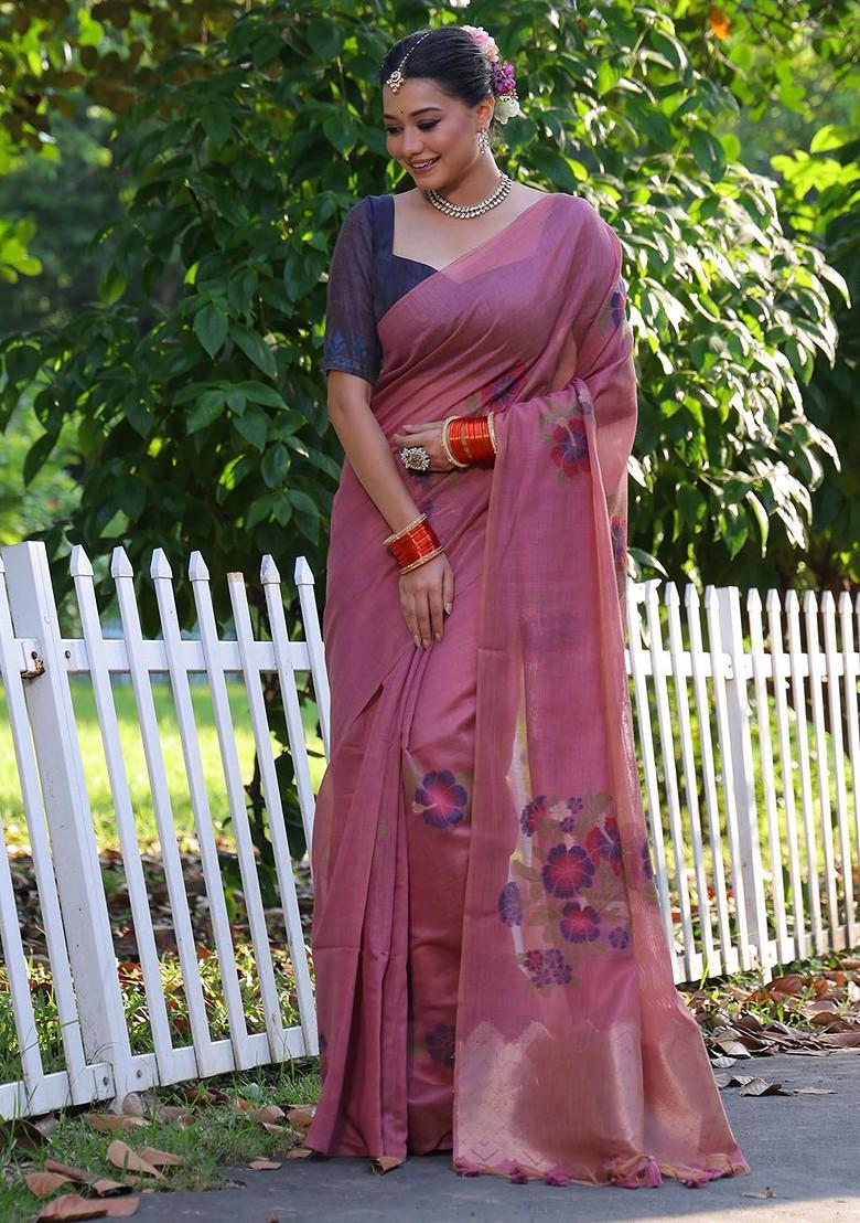 Pink Zari Printed Blended Saree Set - Indya