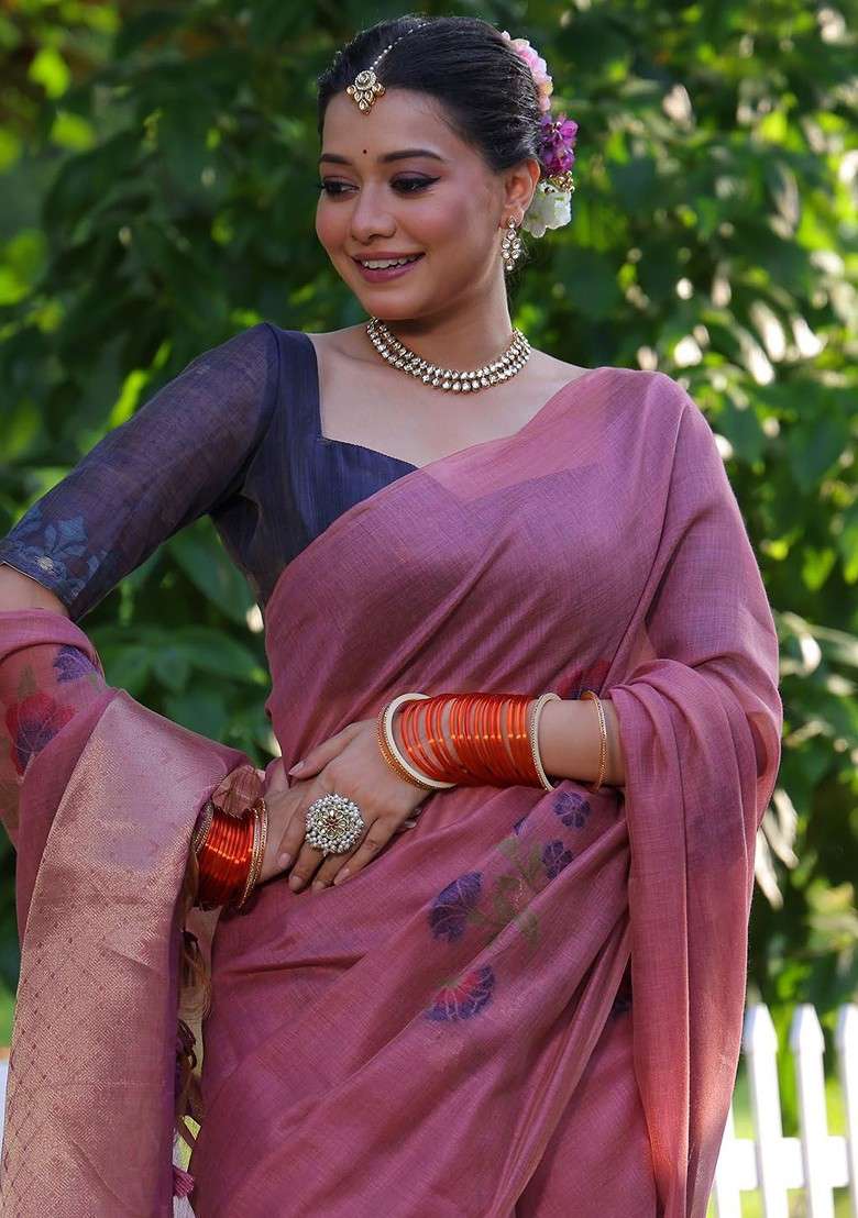 Pink Zari Printed Blended Saree Set - Indya