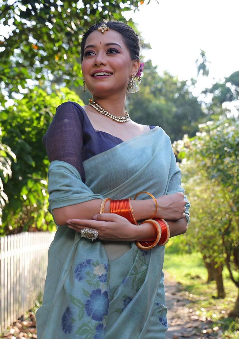 Green Zari Printed Blended Saree Set - Indya