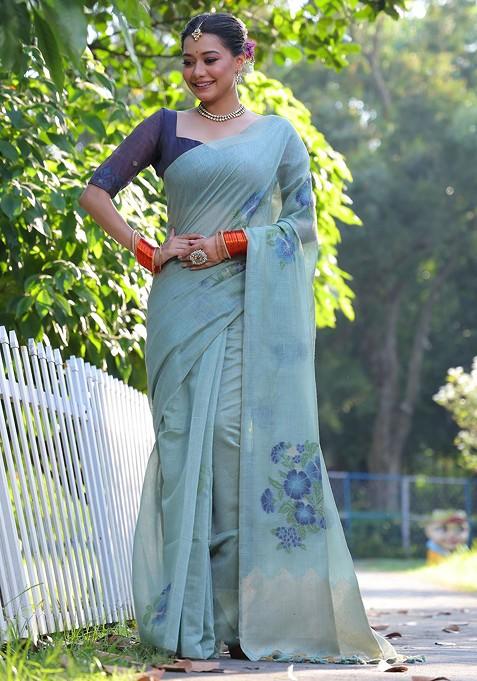 Green Zari Printed Blended Saree Set
