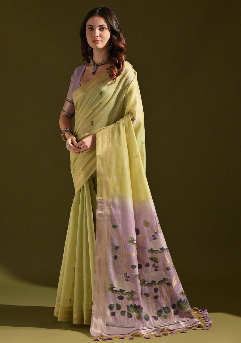 Green Zari Printed Blended Saree Set - Indya