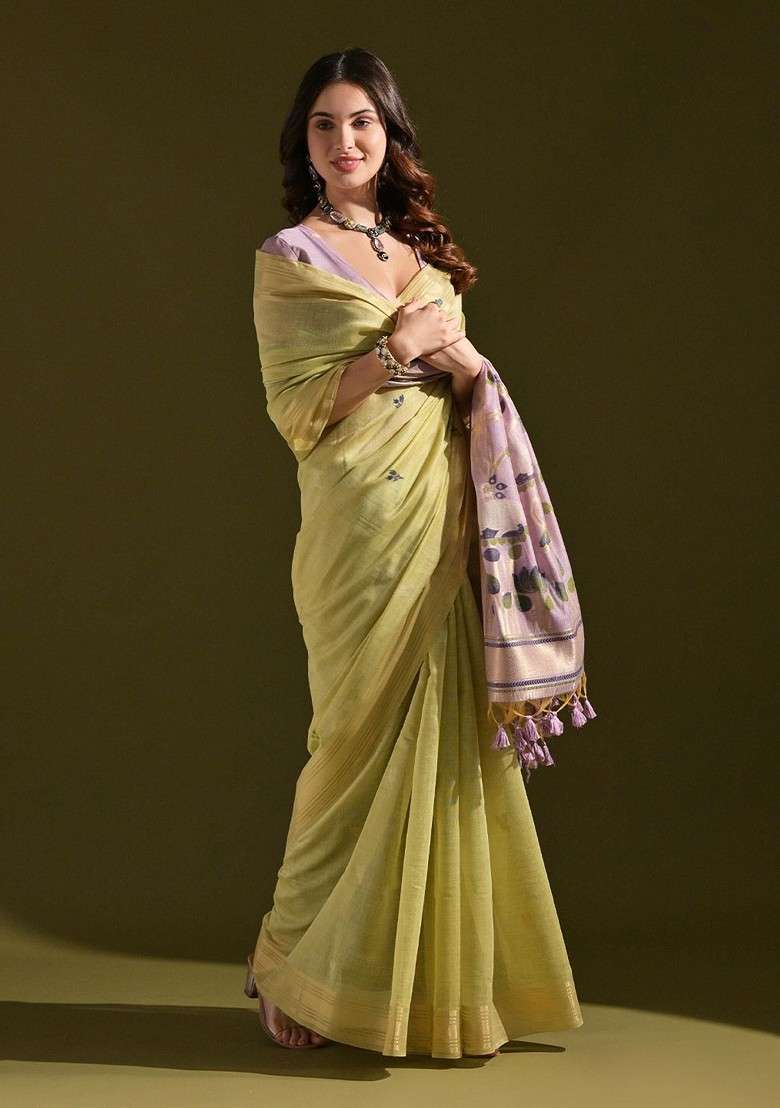Green Zari Printed Blended Saree Set for Diwali and Festive Wear - Indya