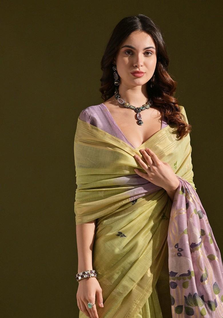 Green Zari Printed Blended Saree Set - Indya