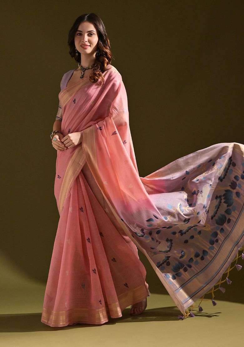 Peach Zari Blended Saree Set with Printed for Diwali | Wedding & Festive Wear - Indya