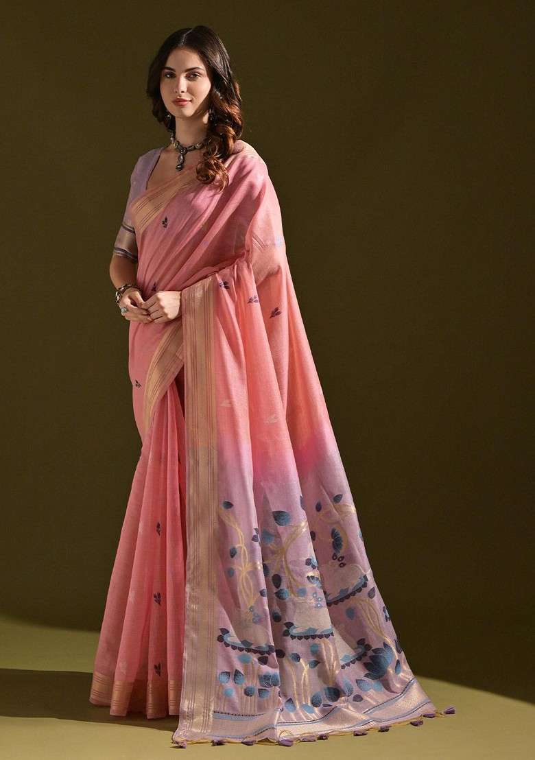 Peach Zari Blended Saree Set with Printed for Diwali | Wedding & Festive Wear - Indya