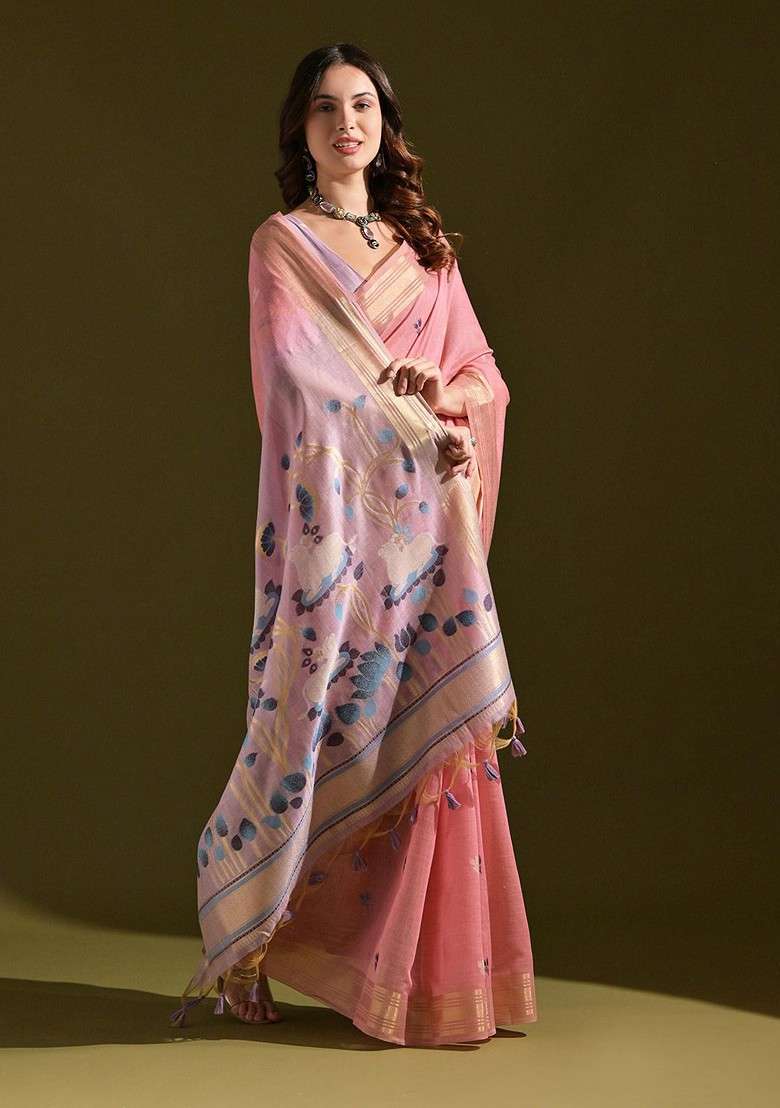 Peach Zari Blended Saree Set with Printed for Diwali | Wedding & Festive Wear - Indya