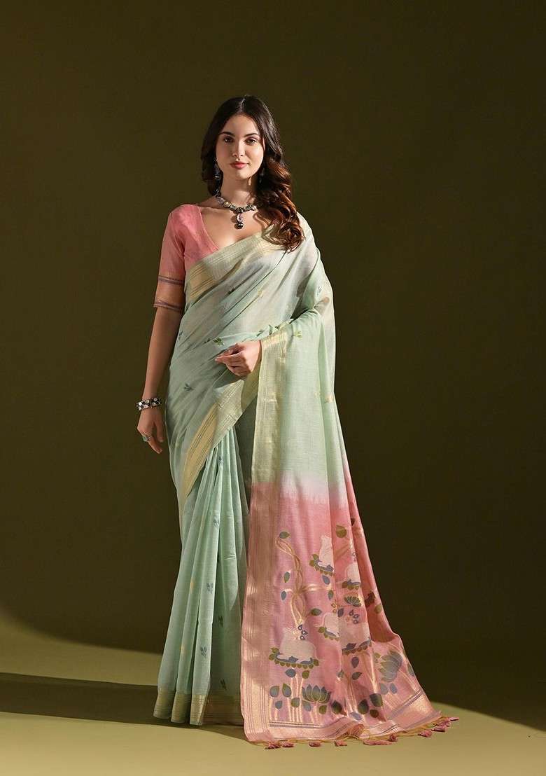 Green Zari Blended Saree Set with Printed for Diwali | Wedding & Festive Wear - Indya