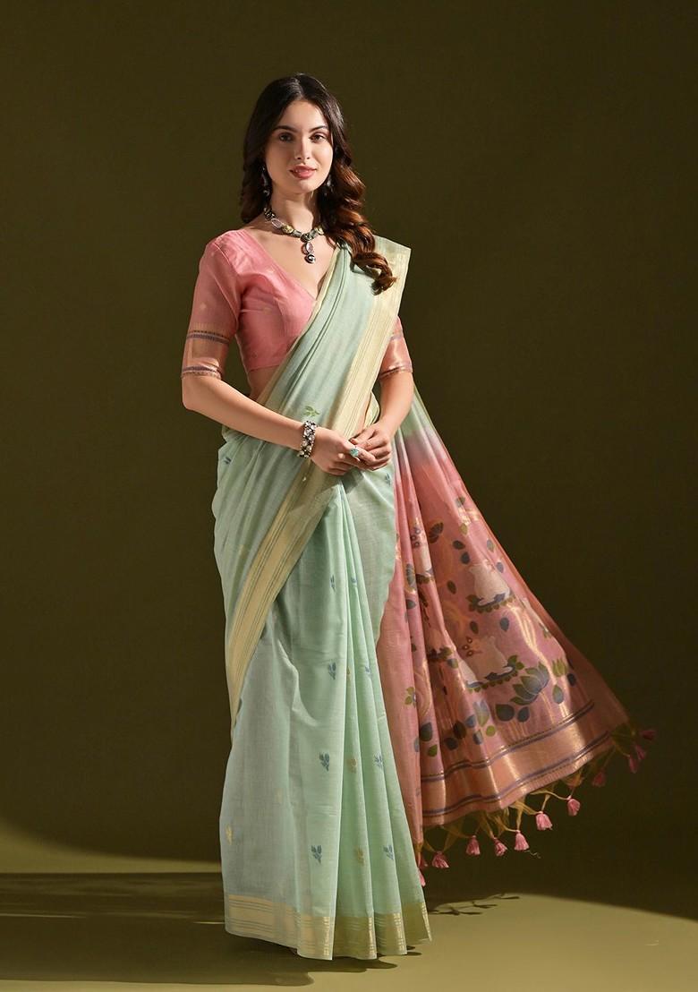 Green Zari Printed Blended Saree Set - Indya