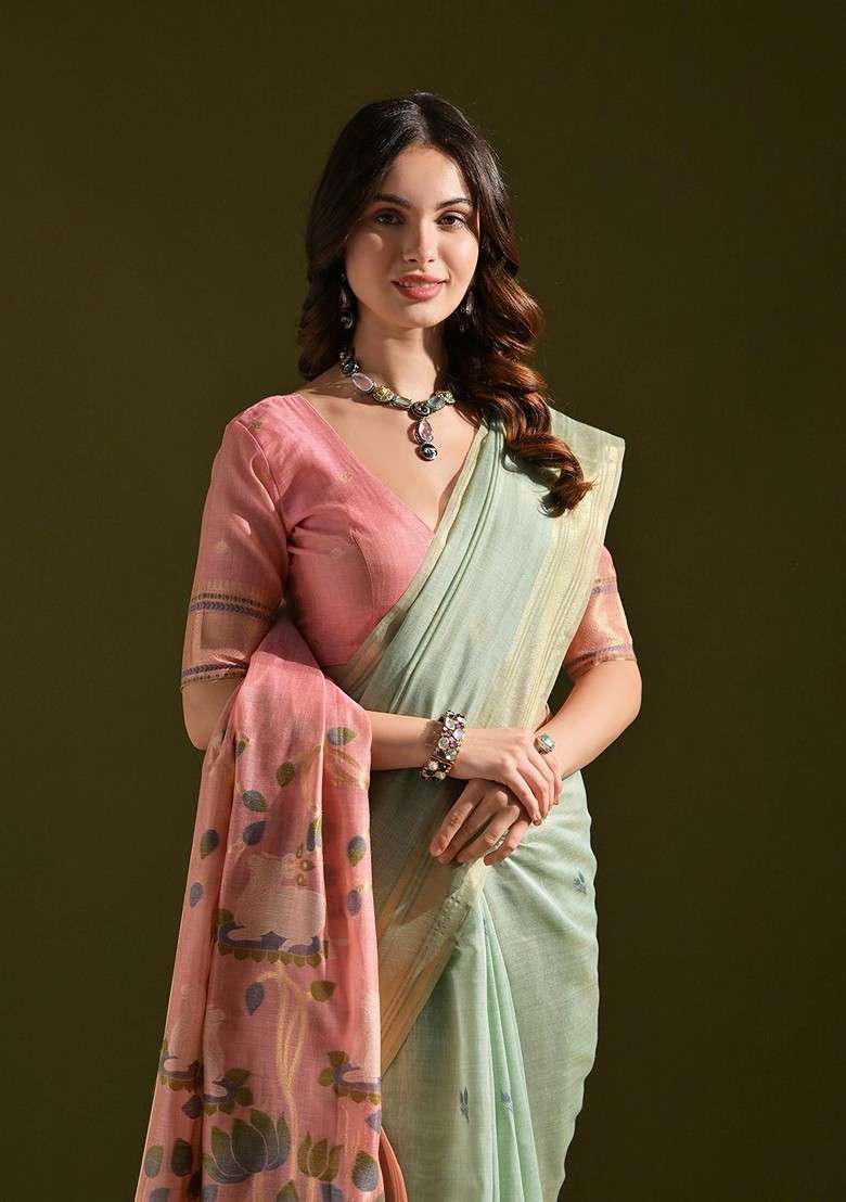 Green Zari Blended Saree Set with Printed for Diwali | Wedding & Festive Wear - Indya