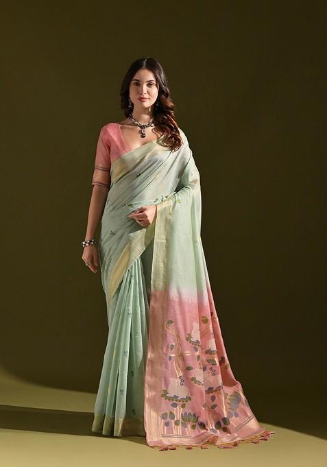 Green Zari Printed Blended Saree Set