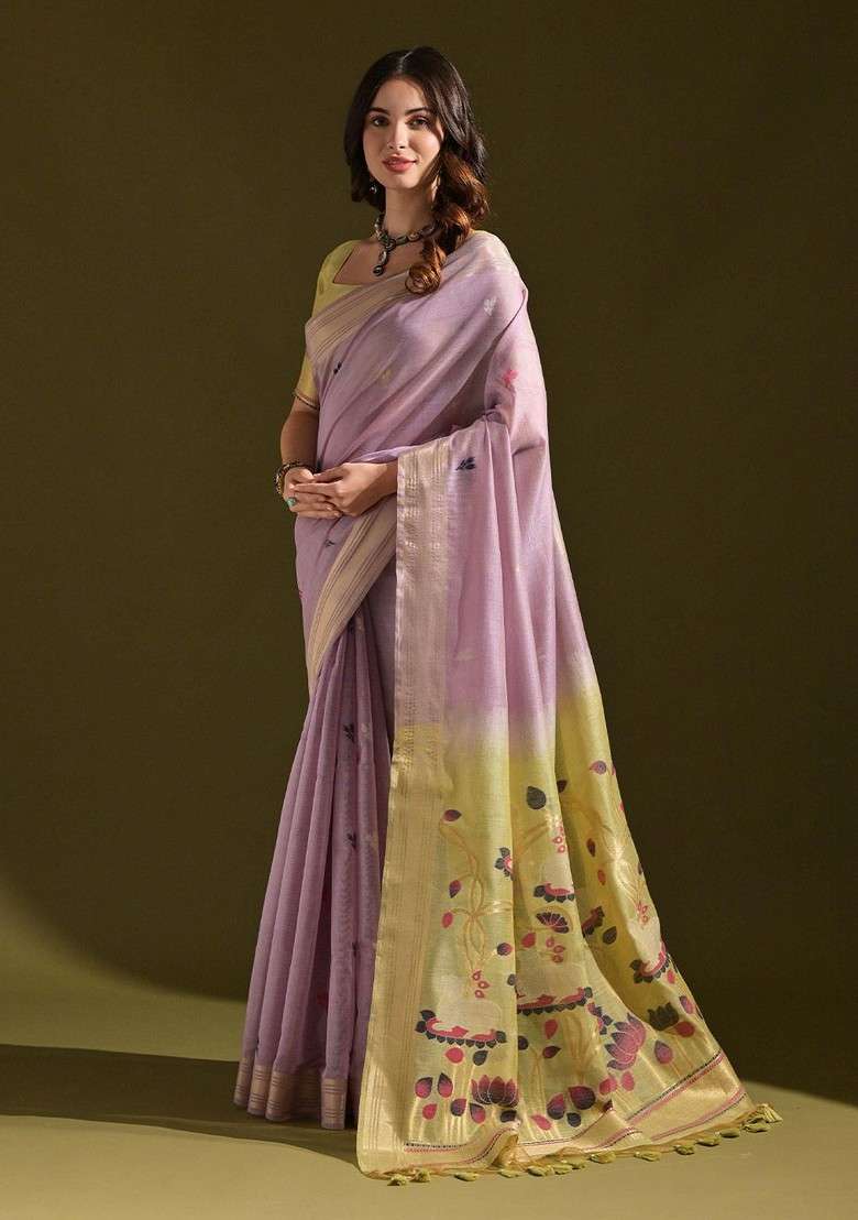 Lavender Zari Blended Saree Set with Printed for Diwali | Wedding & Festive Wear - Indya