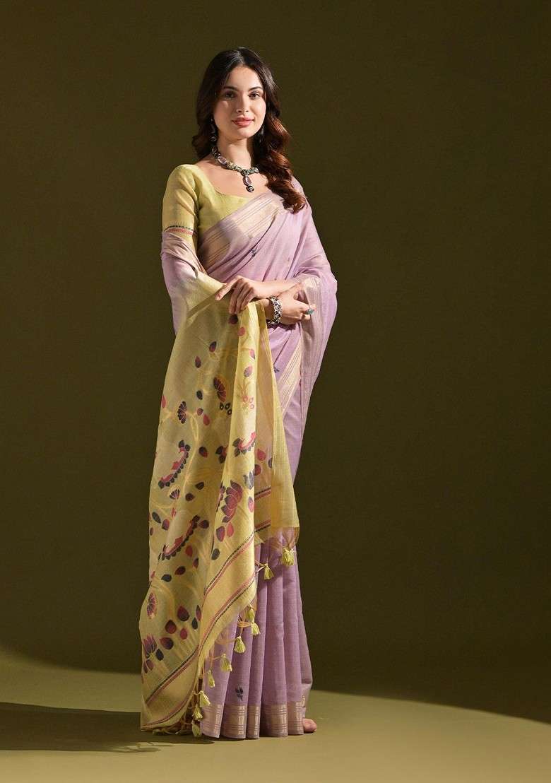 Lavender Zari Blended Saree Set with Printed for Diwali | Wedding & Festive Wear - Indya