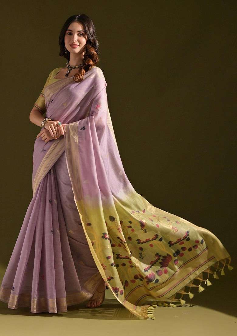 Lavender Zari Blended Saree Set with Printed for Diwali | Wedding & Festive Wear - Indya