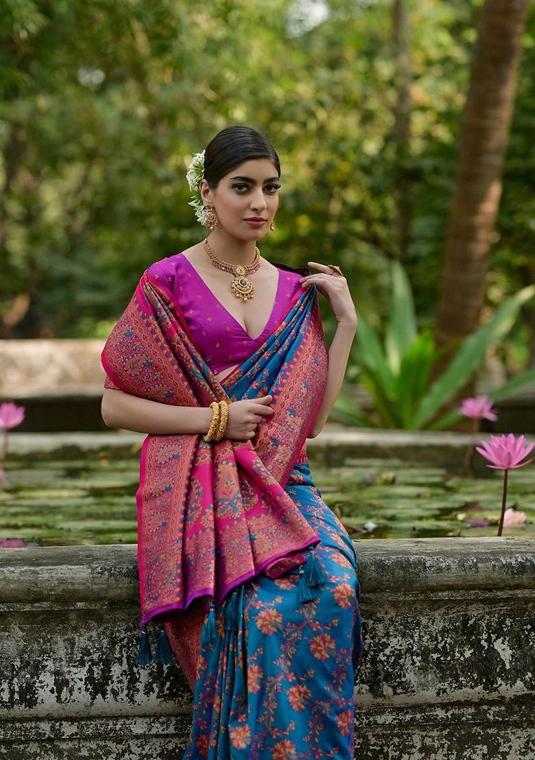 Blue Zari Printed Blended Saree Set - Indya