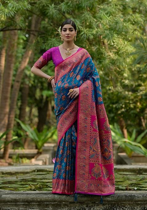 Blue Zari Printed Blended Saree Set
