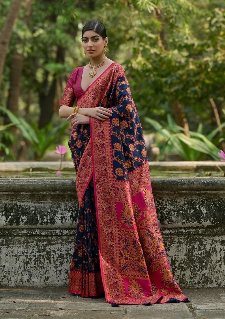 Blue Zari Printed Blended Saree Set - Indya