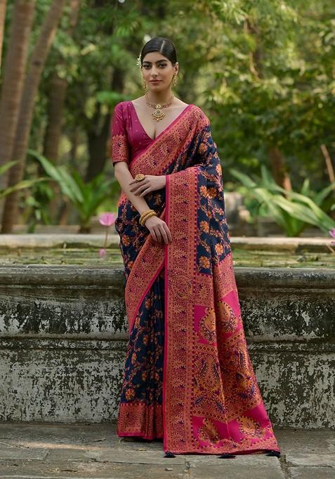 Blue Zari Printed Blended Saree Set