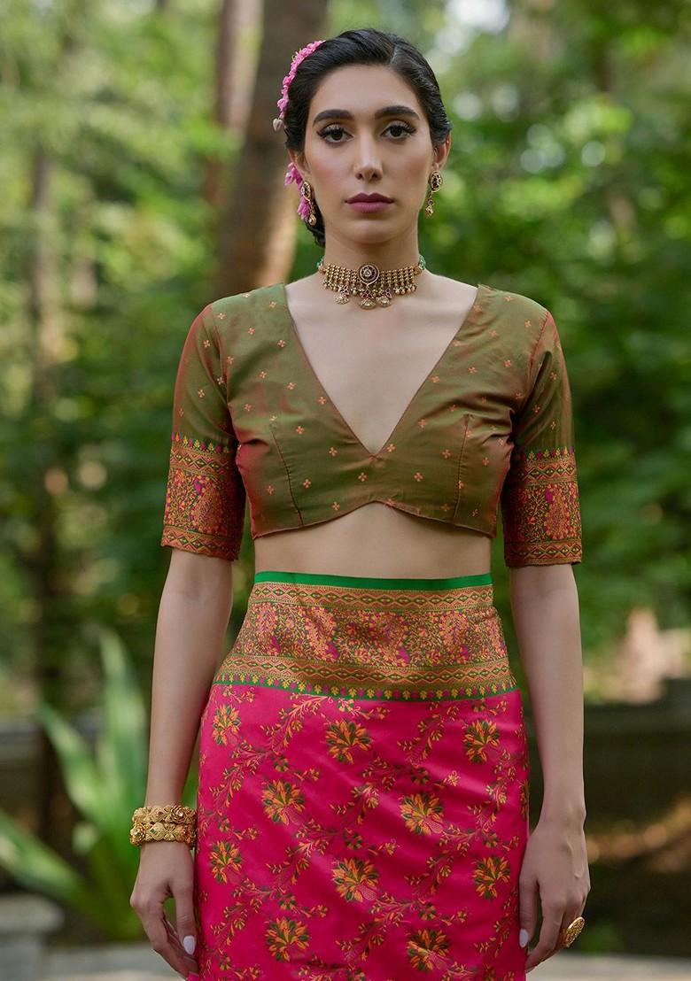 Pink Embroidered Blended Saree Set - Indya