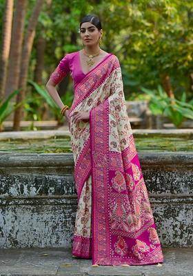 Cream Zari Printed Blended Saree Set