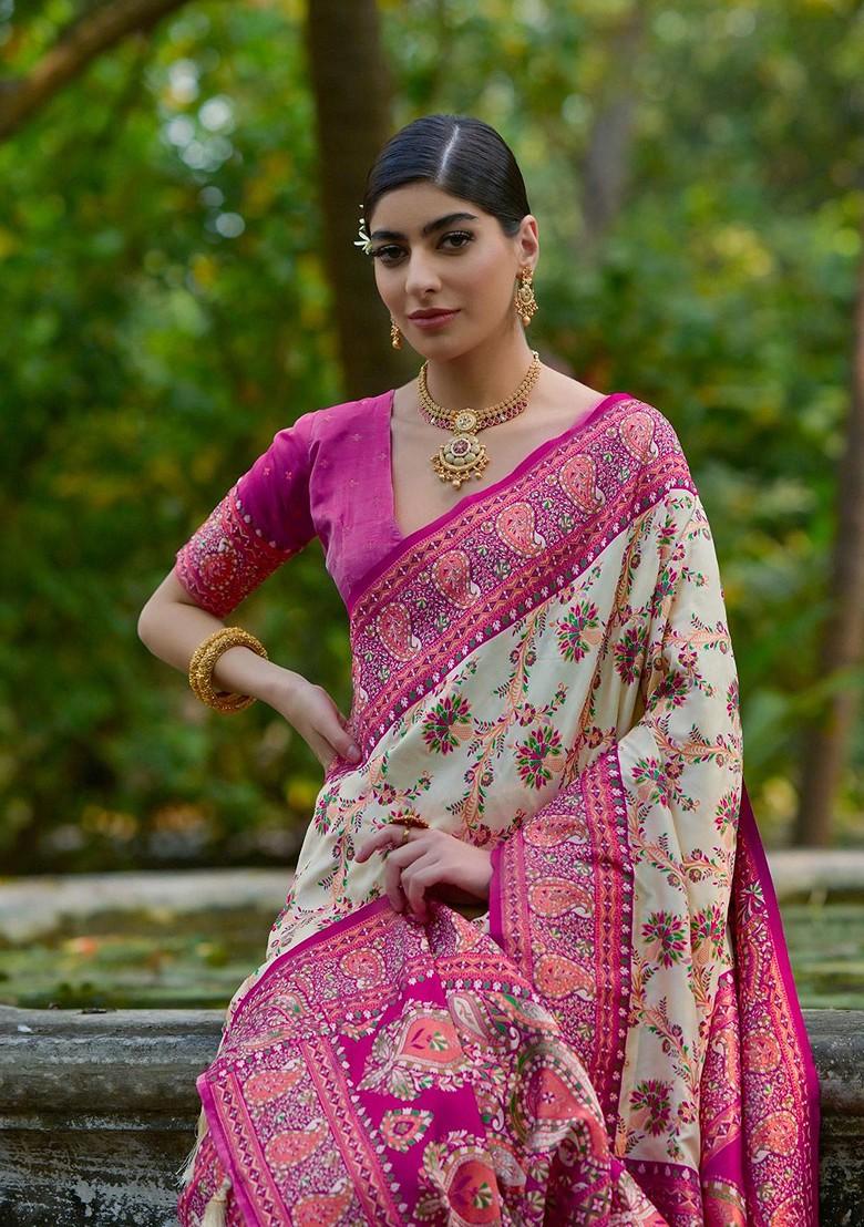 Cream Zari Printed Blended Saree Set - Indya
