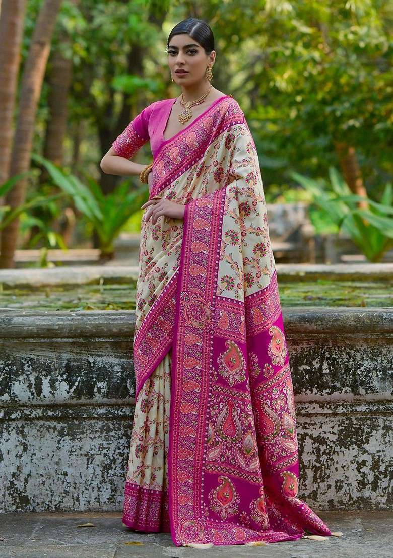 Cream Zari Printed Blended Saree Set - Indya