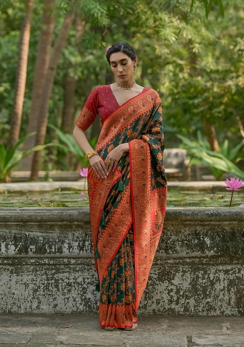 Green Zari Printed Blended Saree Set - Indya