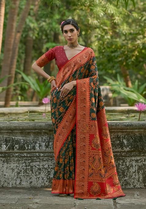 Green Zari Printed Blended Saree Set