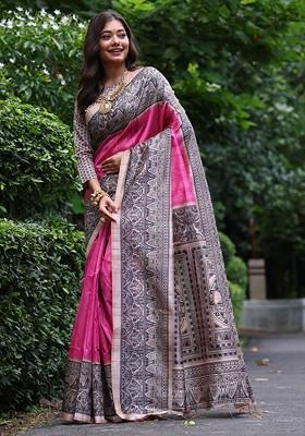 Pink Embroidered Blended Saree Set