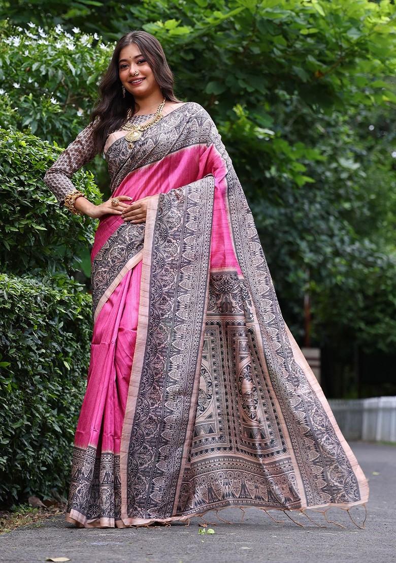 Pink Embroidered Blended Saree Set - Indya