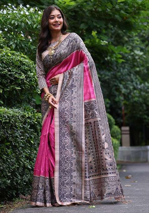 Pink Embroidered Blended Saree Set for Diwali and Festive Wear