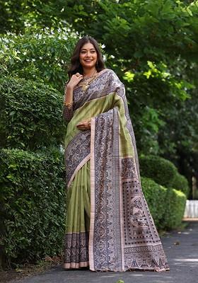 Green Embroidered Blended Saree Set