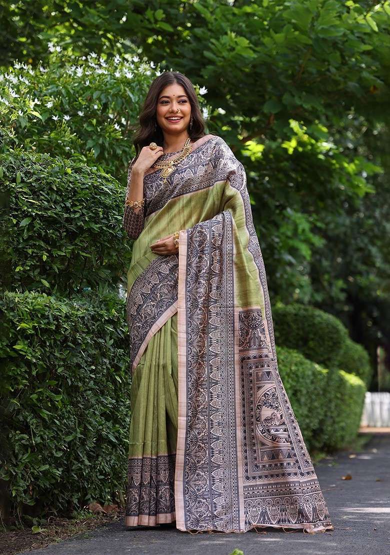 Green Embroidered Blended Saree Set for Diwali and Festive Wear - Indya
