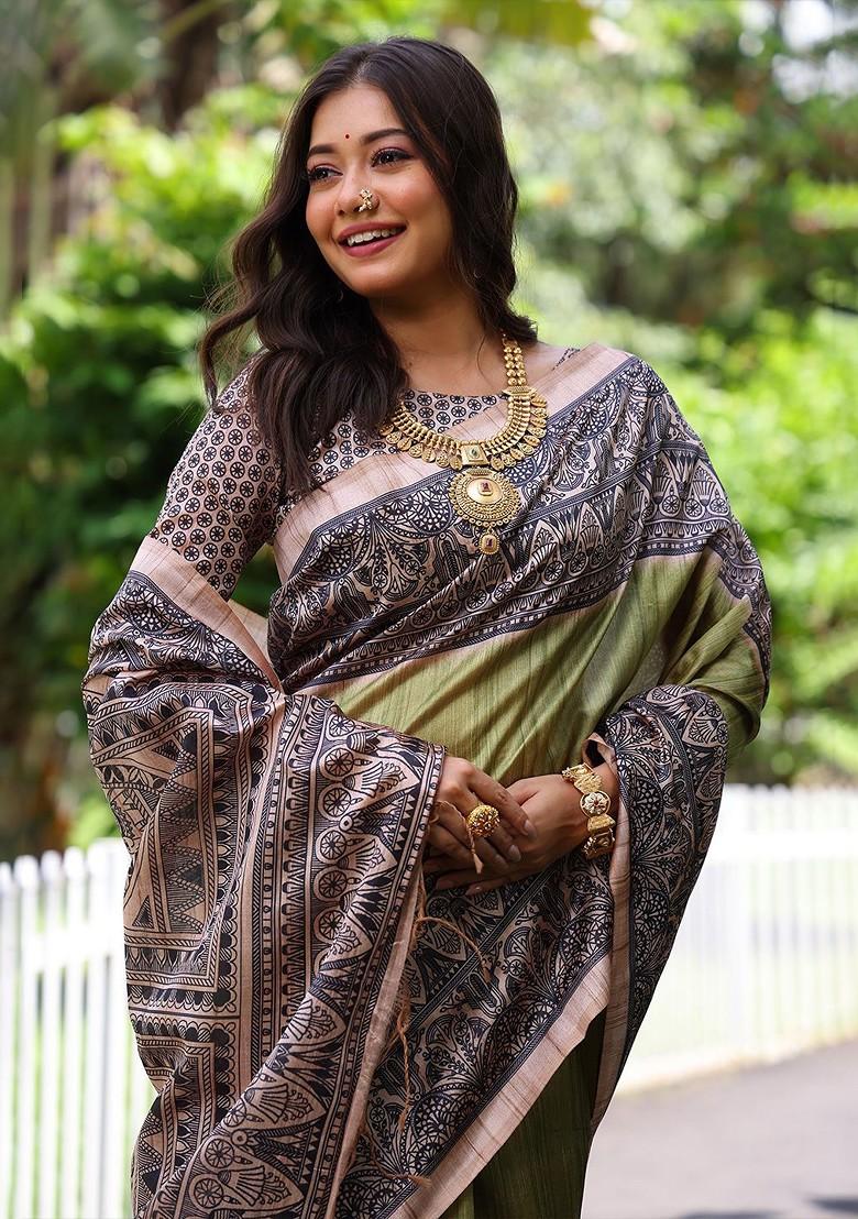 Green Embroidered Blended Saree Set - Indya