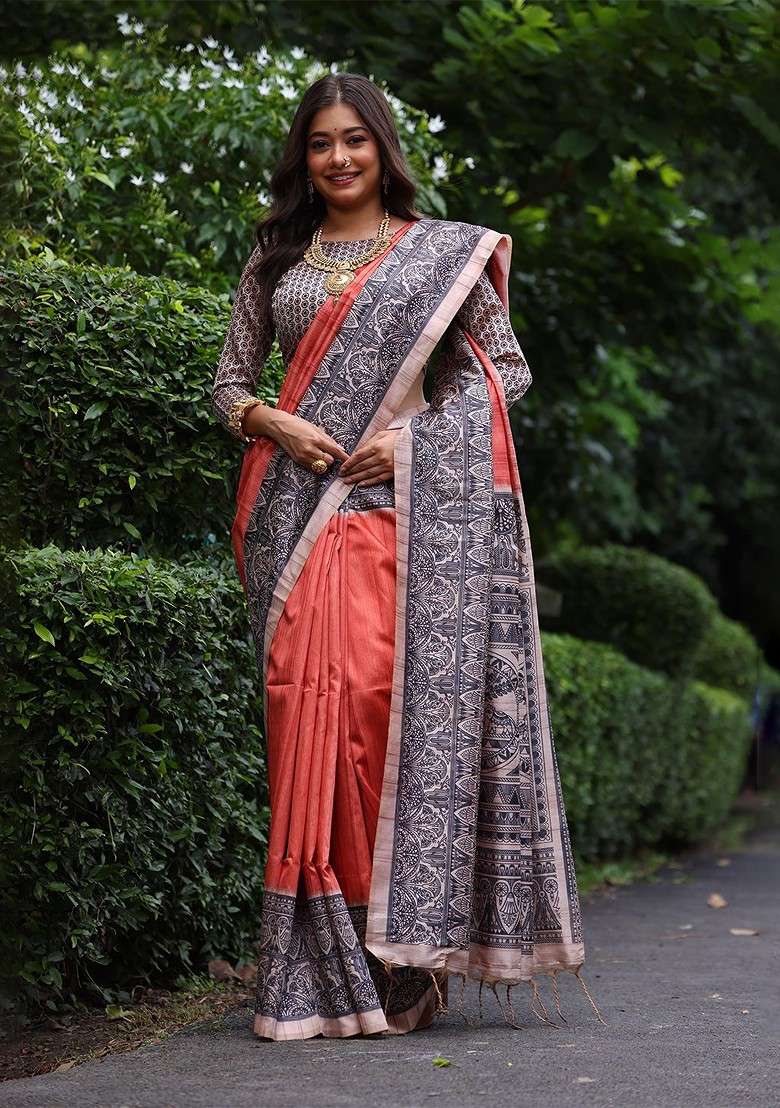 Orange Embroidered Blended Saree Set for Diwali and Festive Wear - Indya