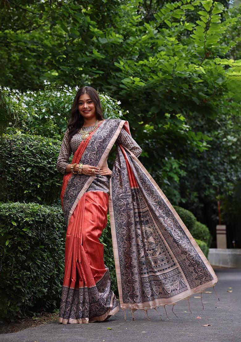 Orange Embroidered Blended Saree Set - Indya