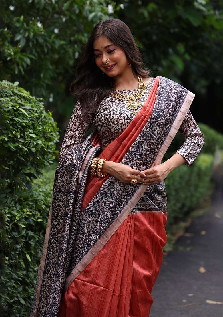 Orange Embroidered Blended Saree Set for Diwali and Festive Wear - Indya