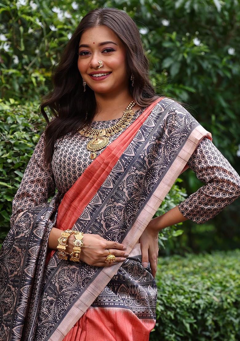 Orange Embroidered Blended Saree Set - Indya