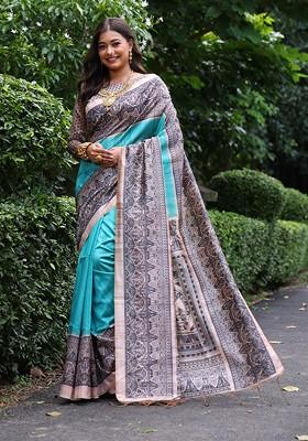 Blue Embroidered Blended Saree Set