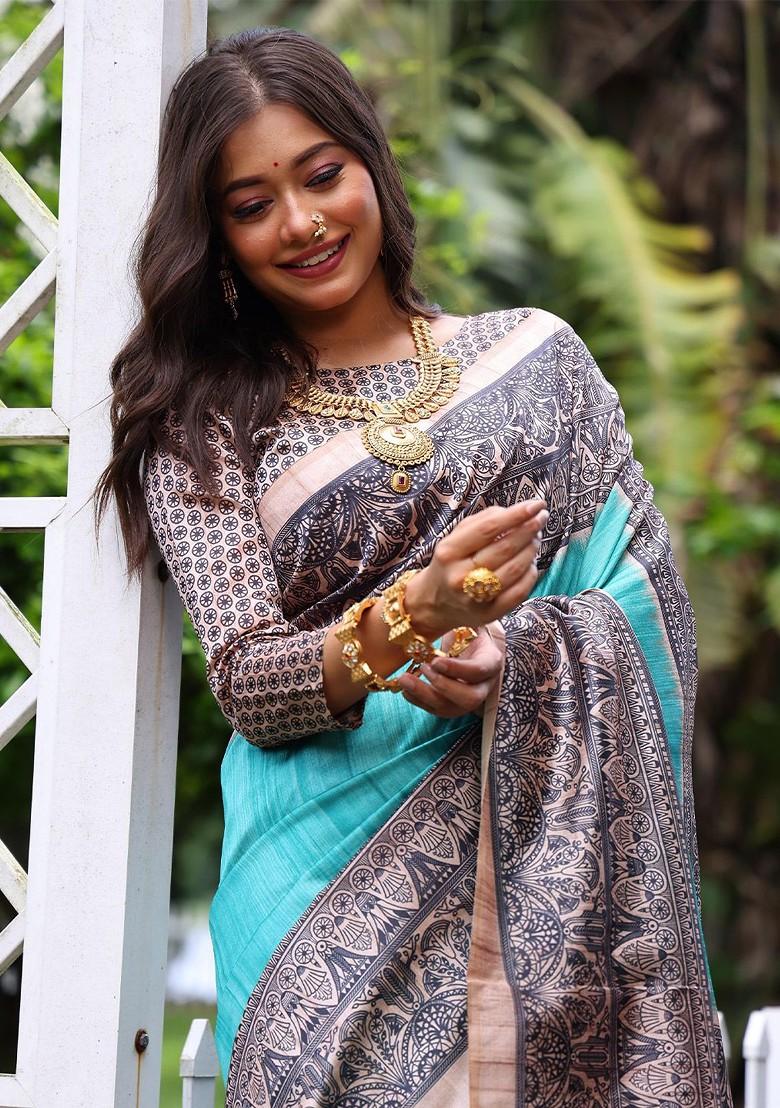 Blue Embroidered Blended Saree Set - Indya