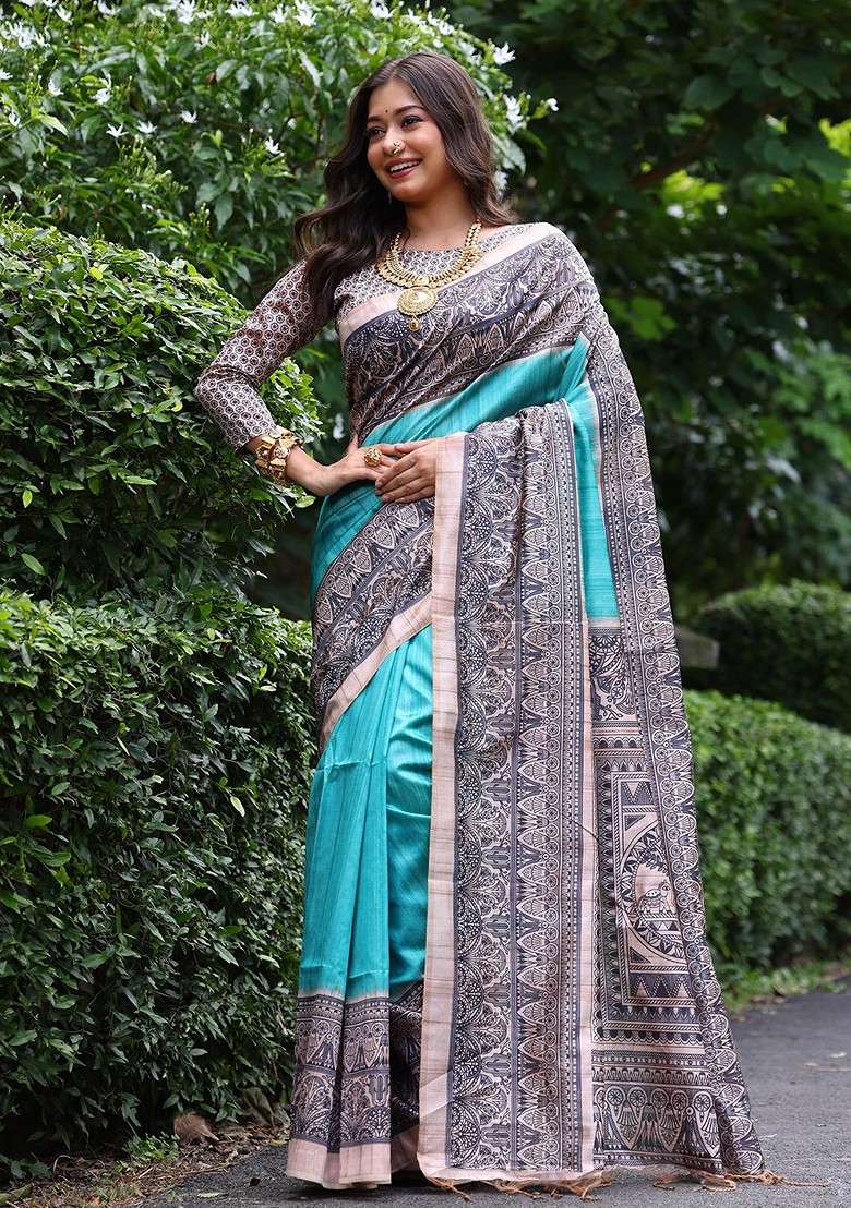 Blue Embroidered Blended Saree Set for Diwali and Festive Wear - Indya