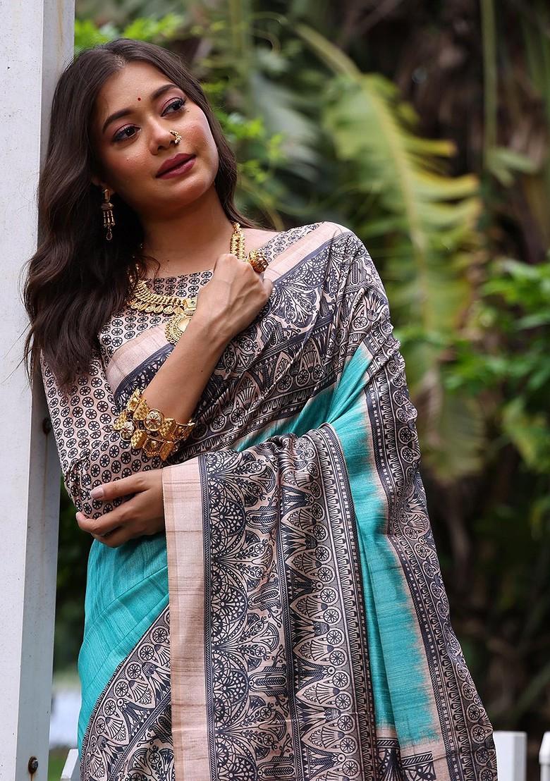 Blue Embroidered Blended Saree Set - Indya