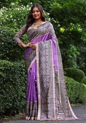 Purple Embroidered Blended Saree Set