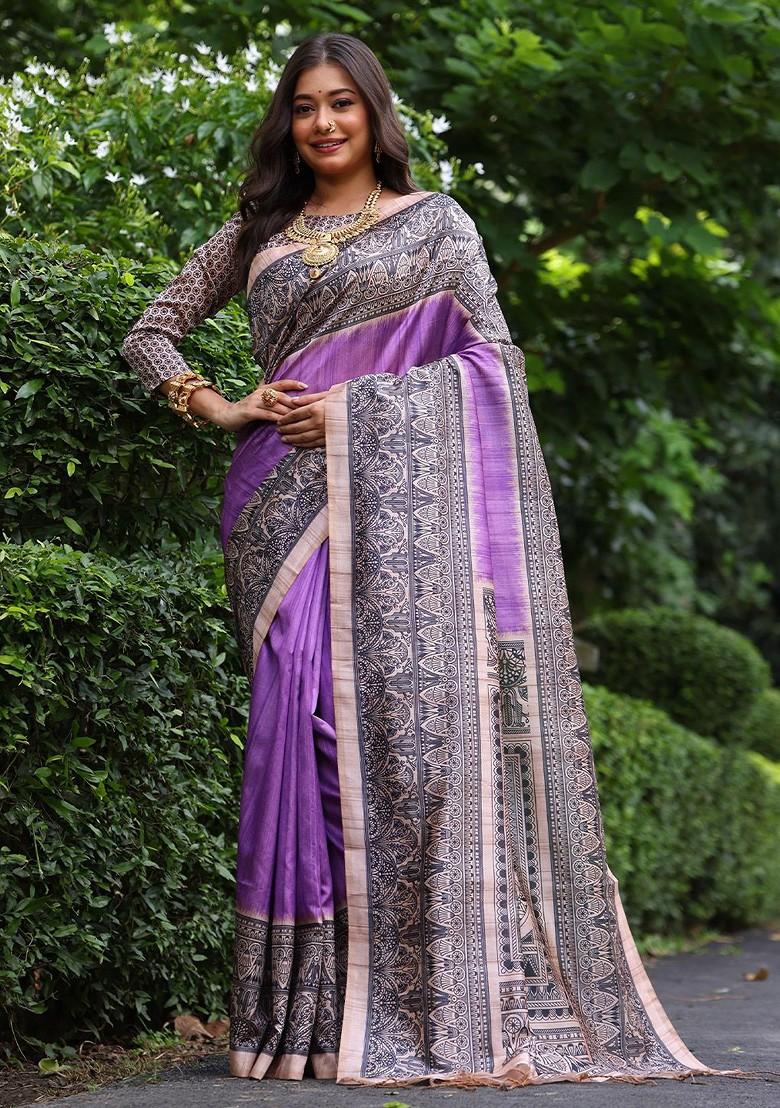 Purple Embroidered Blended Saree Set - Indya