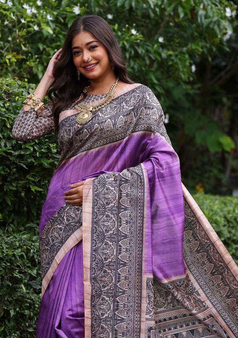 Purple Blended Saree Set with Embroidered for Diwali | Wedding & Festive Wear - Indya