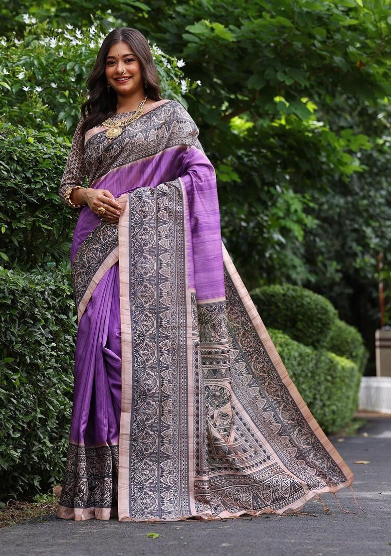 Purple Embroidered Blended Saree Set - Indya
