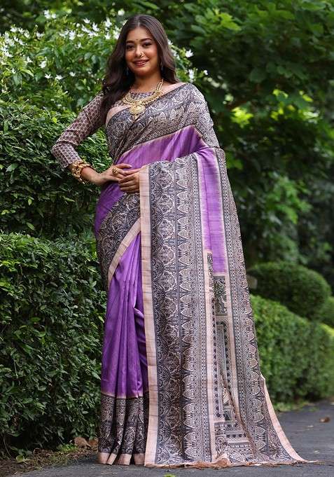 Purple Blended Saree Set with Embroidered for Diwali | Wedding & Festive Wear