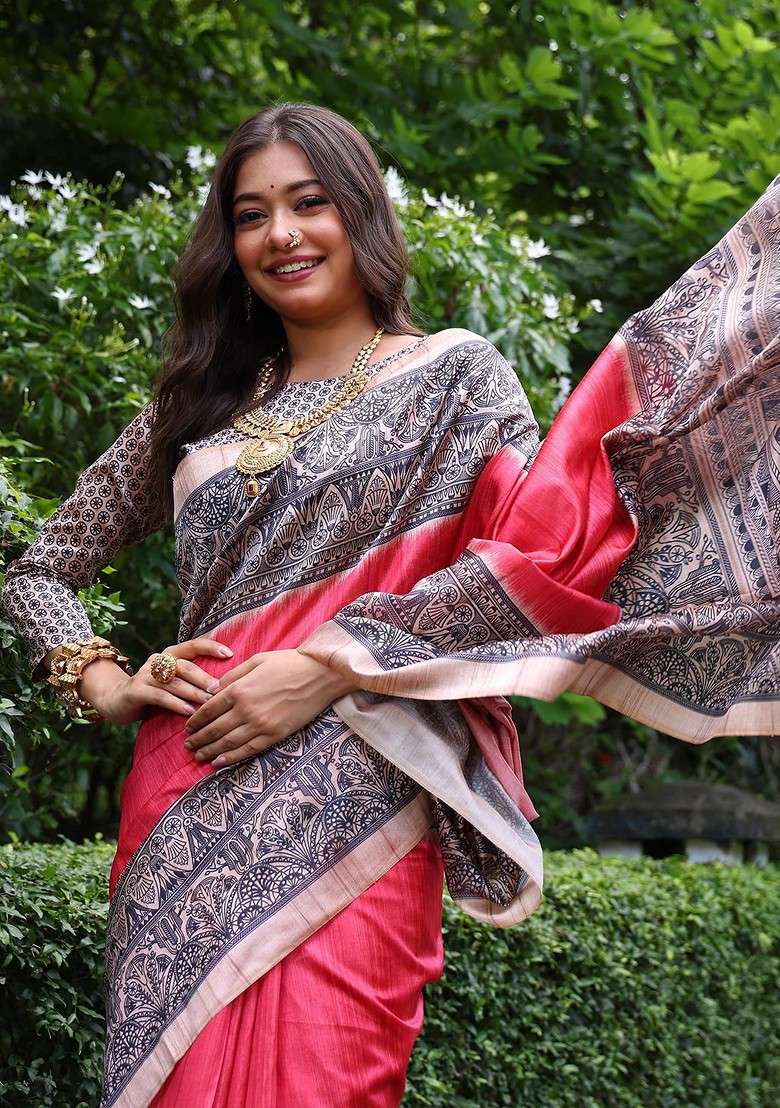 Red Embroidered Blended Saree Set for Diwali and Festive Wear - Indya