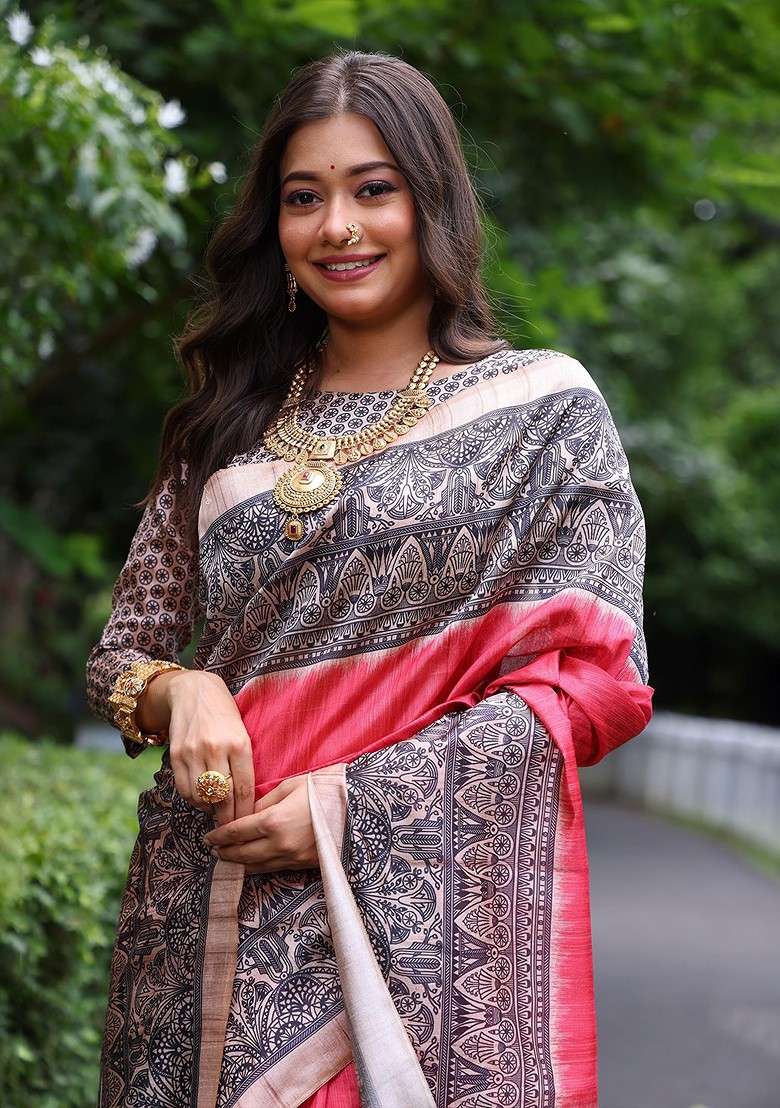 Red Embroidered Blended Saree Set for Diwali and Festive Wear - Indya