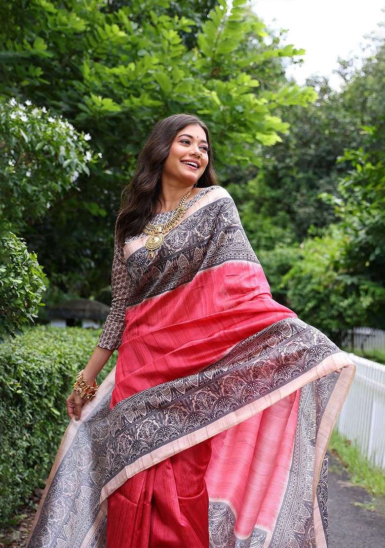 Red Embroidered Blended Saree Set for Diwali and Festive Wear - Indya